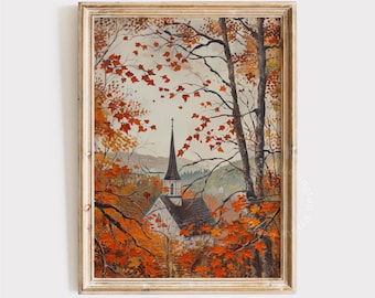 Moody Fall Church Print, Fall PRINTABLE Wall Art, Autumn Print Fall Wall Art, Vintage Halloween Print, Forest Wall Art Digital Download 1250