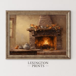 Può includere: Un dipinto di un accogliente camino con un fuoco scoppiettante, un camino in mattoni decorato con foglie autunnali e una teiera su un tavolo in primo piano.