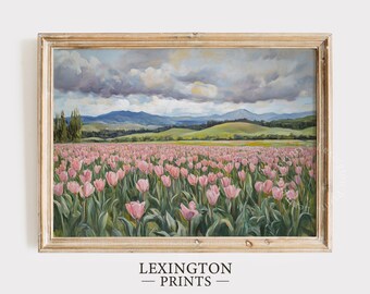 Rosa Tulpenfeld Druck, Frühling DRUCKBARE Wandkunst, rosa Frühlingsdekor Landschaft Landschaft Kunst, rustikales Kinderzimmer Dekor rosa Blumendruck 1013