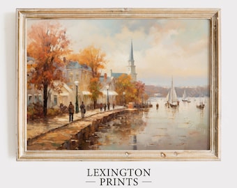 May include: A painting of a waterfront town with a church steeple in the background. The town is lined with trees in autumn colors, and there are boats on the water.