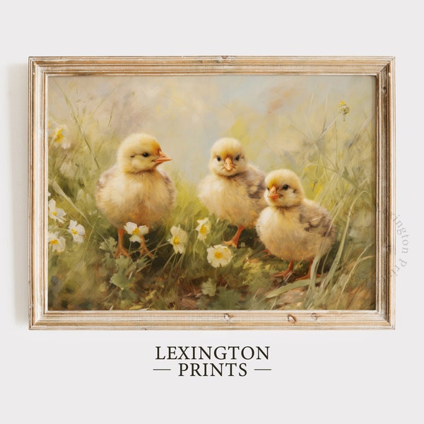 Baby Chicks in Wildflower Field Printable, Spring Print Chicken Painting, Farmhouse Decor, Vintage Nursery Decor, Yellow Bird Art Easter 589