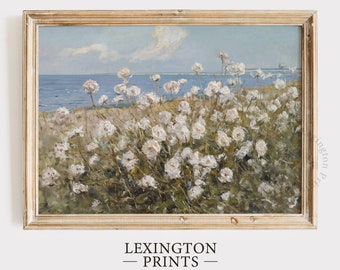 Summer Printable Wildflower Field Landscape Painting, Vintage Coastal Print Beach Print Farmhouse Print Spring Wall Art Floral Art Sea 662
