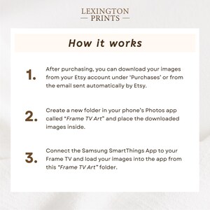 This image describes how Frame TV art works with downloading the artwork and displaying it with the Samsung SmartThings phone app.
