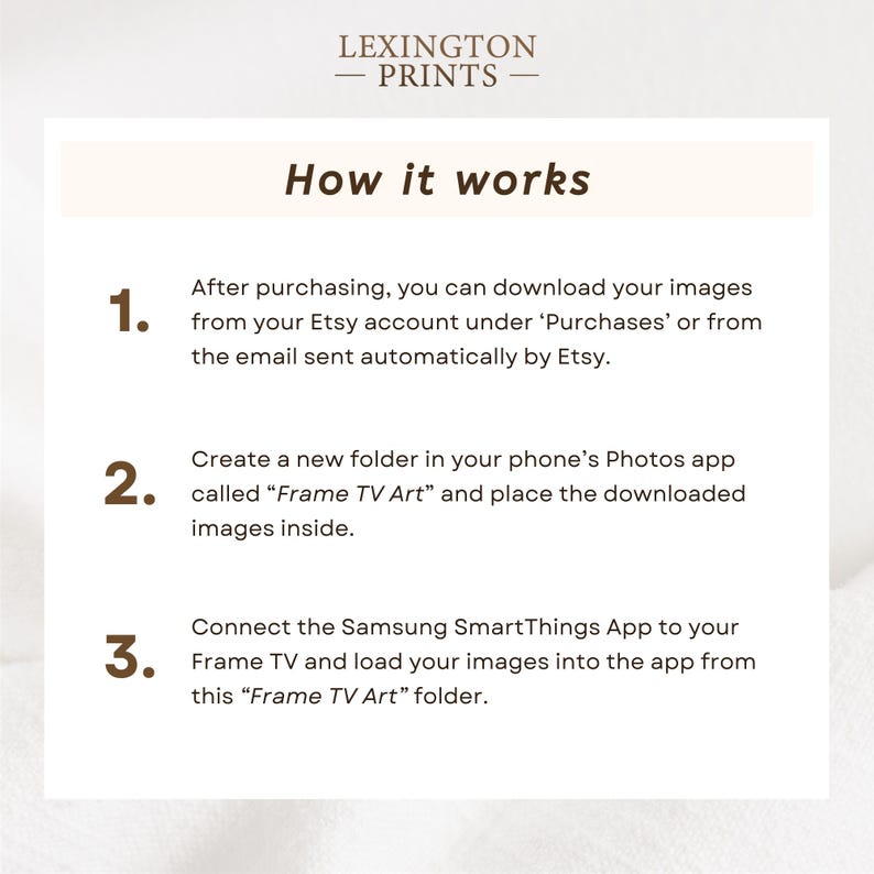 This image describes how Frame TV art works with downloading the artwork and displaying it with the Samsung SmartThings phone app.