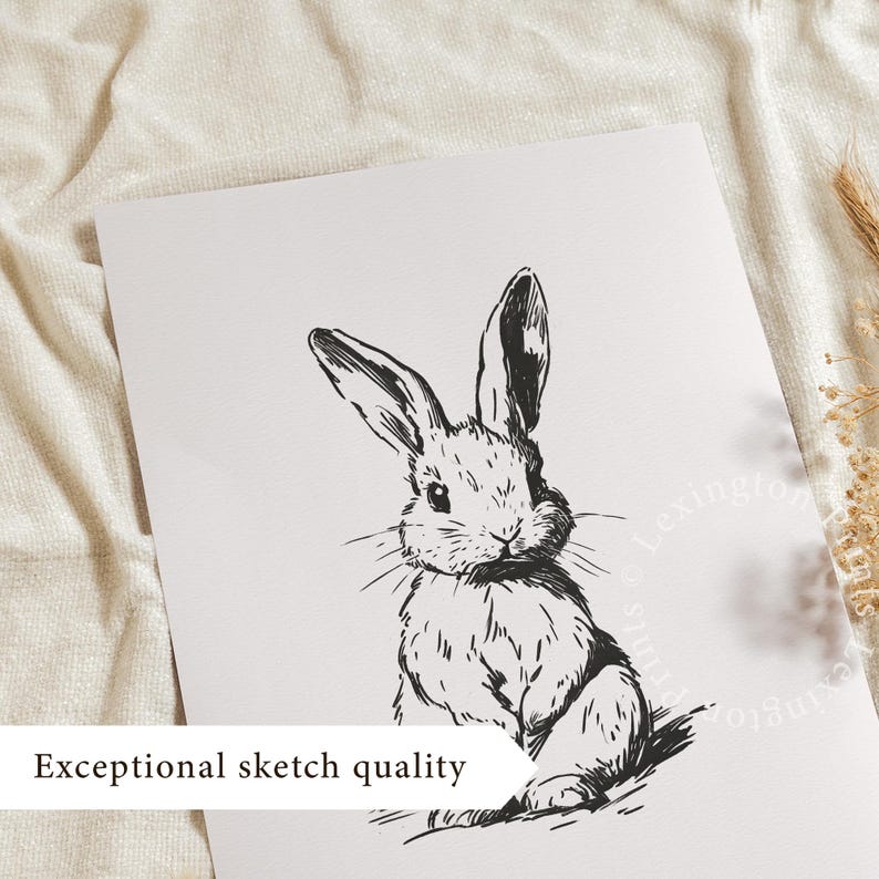 Vintage black sketch wall art of a cute easter bunny rabbit. The sketch art print features thick black sketch work against a simple off white background. The sketch is a minimalist drawing fits an aesthetic for spring decor, easter decor, nursery decor, and rustic farmhouse decor. The shop name LexingtonPrints is written below