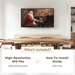 Vintage Christmas winter Santa Claus playing piano music art Frame TV art for Samsung Frame TV. This Christmas wall art decor is meant to be displayed in a Frame TV. The shop name Lexington Prints is listed below the frame where the art mockup is.