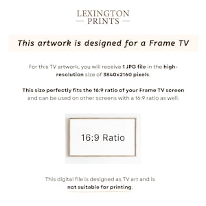 This image describes how the artwork is desiganed for a Frame TV. You receive a JPG file in a 16x9 ratio, which perfectly fits your Frame TV screen.