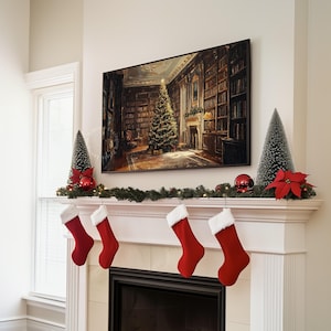 Vintage Christmas TV art of a decorated Christmas tree with presents in a Victorian living room scene. It is designed as Samsung Frame TV art and features nostalgic themes of Christmas and winter. The shop name Lexington Prints is written