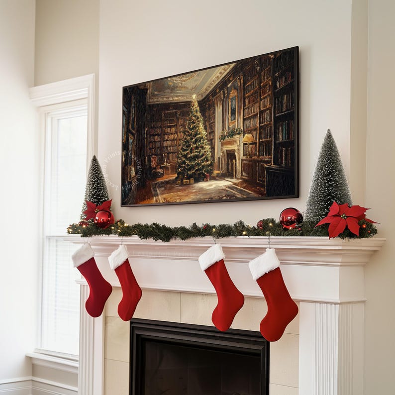 Vintage Christmas TV art of a decorated Christmas tree with presents in a Victorian living room scene. It is designed as Samsung Frame TV art and features nostalgic themes of Christmas and winter. The shop name Lexington Prints is written
