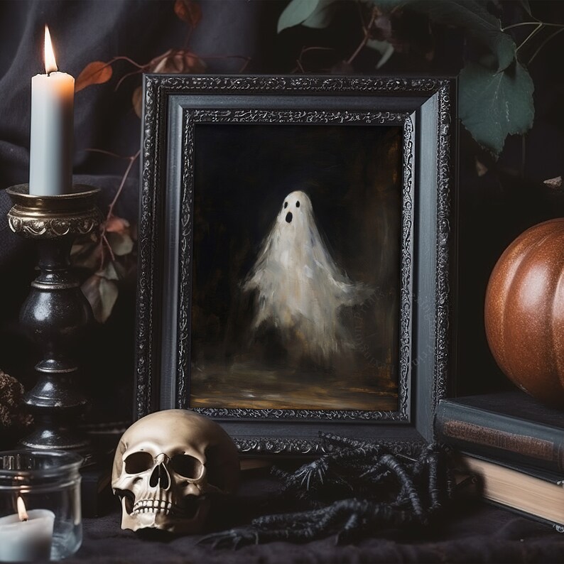 Vintage ghost painting oil painting art print displayed in an antique frame against a white background. The painting features intricate brushwork and colors. The shop name Lexington Prints is written out beneath the wall art frame.