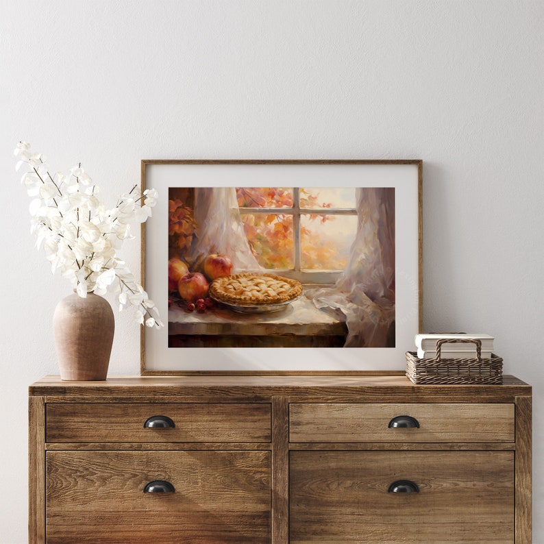 Vintage fall thanksgiving apple pie fall painting oil painting art print displayed in an antique frame against a white background. The painting features intricate brushwork and colors. The shop name Lexington Prints is written out beneath