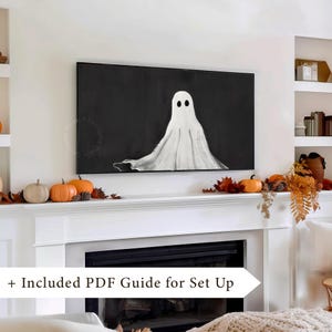 Vintage Halloween Frame TV art for Samsung Frame TV set of 4. This is a bundle of spooky Halloween TV art of jack o lanterns, ghosts, and pumpkins. It is meant to be displayed in a Frame TV. The shop name Lexington Prints is listed below