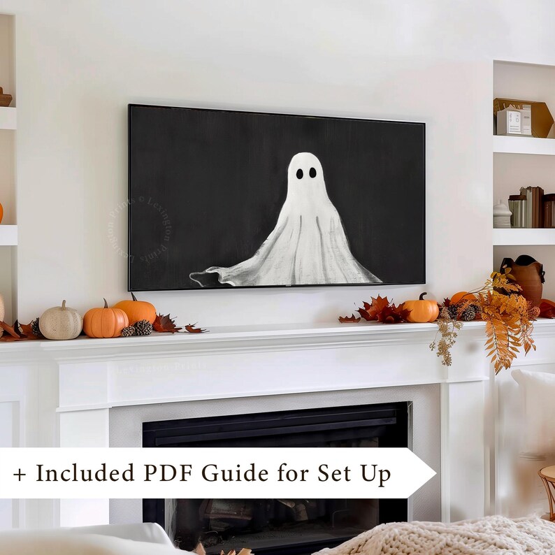 Vintage Halloween Frame TV art for Samsung Frame TV set of 4. This is a bundle of spooky Halloween TV art of jack o lanterns, ghosts, and pumpkins. It is meant to be displayed in a Frame TV. The shop name Lexington Prints is listed below