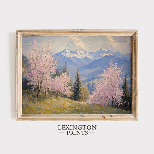 Rosa Kirschblüten Landschaftsdruck, Frühling DRUCKBARE Wandkunst, rosa Frühlingsdruck, rustikale Bauernhaus ästhetische Dekor Vintage Kunstdrucke 1002