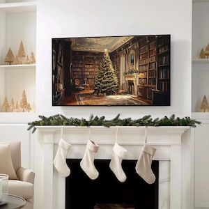 Vintage Christmas TV art of a decorated Christmas tree with presents in a Victorian living room scene. It is designed as Samsung Frame TV art and features nostalgic themes of Christmas and winter. The shop name Lexington Prints is written