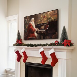 Vintage Christmas winter Santa Claus playing piano music art Frame TV art for Samsung Frame TV. This Christmas wall art decor is meant to be displayed in a Frame TV. The shop name Lexington Prints is listed below the frame where the art mockup is.