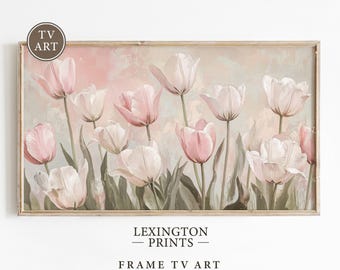 Pastel Tulip Flower TV Art, Spring Frame TV Art, Tulip Tv Art Wildflower Tv Art, Neutral Wall Art Pink Floral Art For Tv Digital File 1075