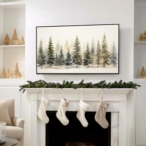 Vintage winter Christmas tree forest wall art Christmas Frame TV art for Samsung Frame TV. This Christmas wall art decor is meant to be displayed in a Frame TV. The shop name Lexington Prints is listed below the frame where the art mockup is.
