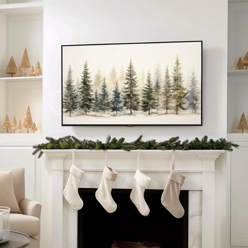 Vintage winter Christmas tree forest wall art Christmas Frame TV art for Samsung Frame TV. This Christmas wall art decor is meant to be displayed in a Frame TV. The shop name Lexington Prints is listed below the frame where the art mockup is.