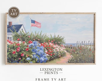 May include: A framed print of a coastal scene with a house, American flag, and colorful flowers. The artwork features a white picket fence, a path, and the text "LEXINGTON PRINTS - FRAME TV ART". The color palette includes blues, reds, and greens.