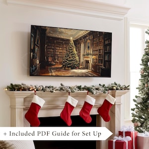 Vintage Christmas TV art of a decorated Christmas tree with presents in a Victorian living room scene. It is designed as Samsung Frame TV art and features nostalgic themes of Christmas and winter. The shop name Lexington Prints is written