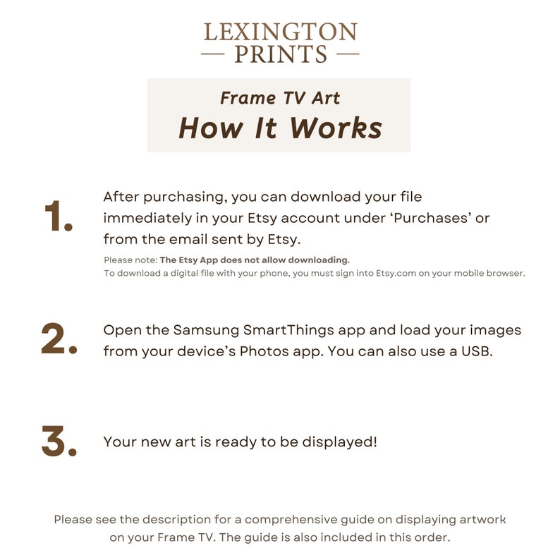 This image describes how Frame TV art works with downloading the artwork and displaying it with the Samsung SmartThings phone app.