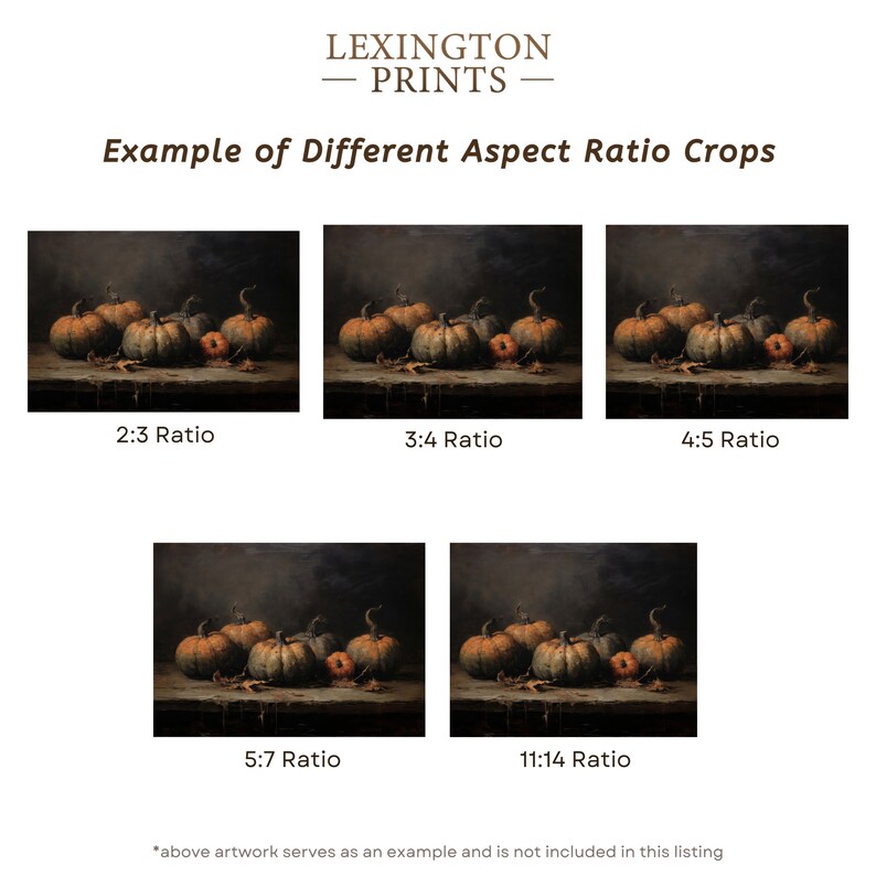 Image provides an example of how an art print looks on the different aspect ratios of 2x3, 3x4, 4x5, 5x7, and 11x14