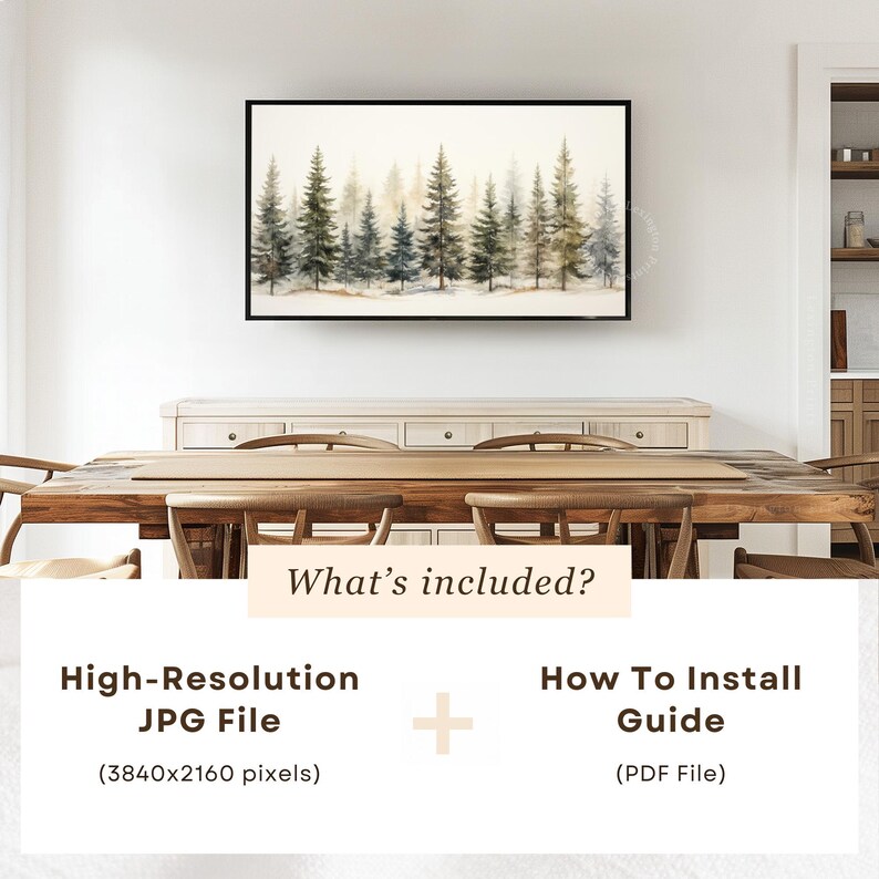 Vintage winter Christmas tree forest wall art Christmas Frame TV art for Samsung Frame TV. This Christmas wall art decor is meant to be displayed in a Frame TV. The shop name Lexington Prints is listed below the frame where the art mockup is.