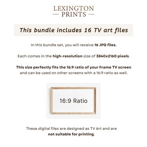 This image describes how the artwork is designed for a Frame TV. You receive a JPG file in a 16x9 ratio of 3840 x 2160 pixels, which perfectly fits your Frame TV screen.
