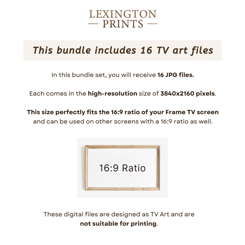 This image describes how the artwork is designed for a Frame TV. You receive a JPG file in a 16x9 ratio of 3840 x 2160 pixels, which perfectly fits your Frame TV screen.