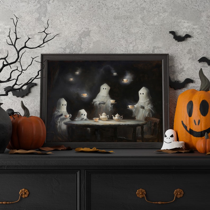 Vintage ghost painting oil painting art print displayed in an antique frame against a white background. The painting features intricate brushwork and colors. The shop name Lexington Prints is written out beneath the wall art frame.