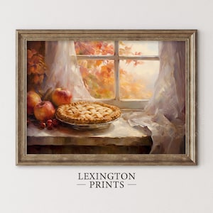 Vintage fall thanksgiving apple pie fall painting oil painting art print displayed in an antique frame against a white background. The painting features intricate brushwork and colors. The shop name Lexington Prints is written out beneath