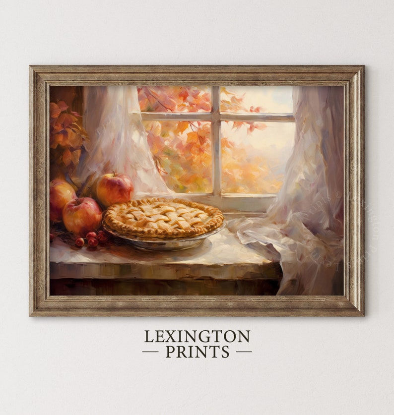 Vintage fall thanksgiving apple pie fall painting oil painting art print displayed in an antique frame against a white background. The painting features intricate brushwork and colors. The shop name Lexington Prints is written out beneath