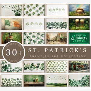 May include: A collection of over 30 St. Patrick's Day-themed prints for frame TV art. The images feature shamrocks, Irish flags, pints of beer, and other festive imagery. The collection includes a variety of styles and colors, perfect for celebrating the holiday.