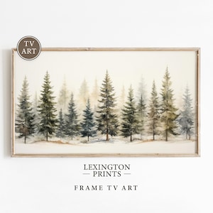 Vintage winter Christmas tree forest wall art Christmas Frame TV art for Samsung Frame TV. This Christmas wall art decor is meant to be displayed in a Frame TV. The shop name Lexington Prints is listed below the frame where the art mockup is.