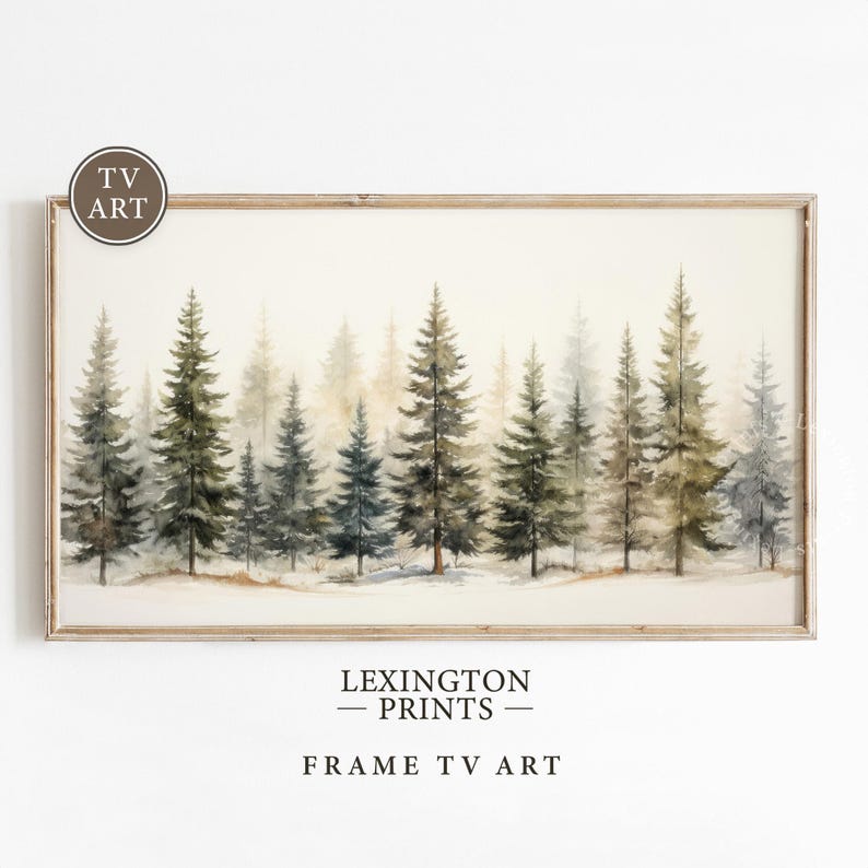 Vintage winter Christmas tree forest wall art Christmas Frame TV art for Samsung Frame TV. This Christmas wall art decor is meant to be displayed in a Frame TV. The shop name Lexington Prints is listed below the frame where the art mockup is.