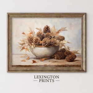Fall Vintage fall pinecone decor painting oil painting art print displayed in an antique frame against a white background. The painting features intricate brushwork and colors. The shop name Lexington Prints is written out beneath the wall art frame