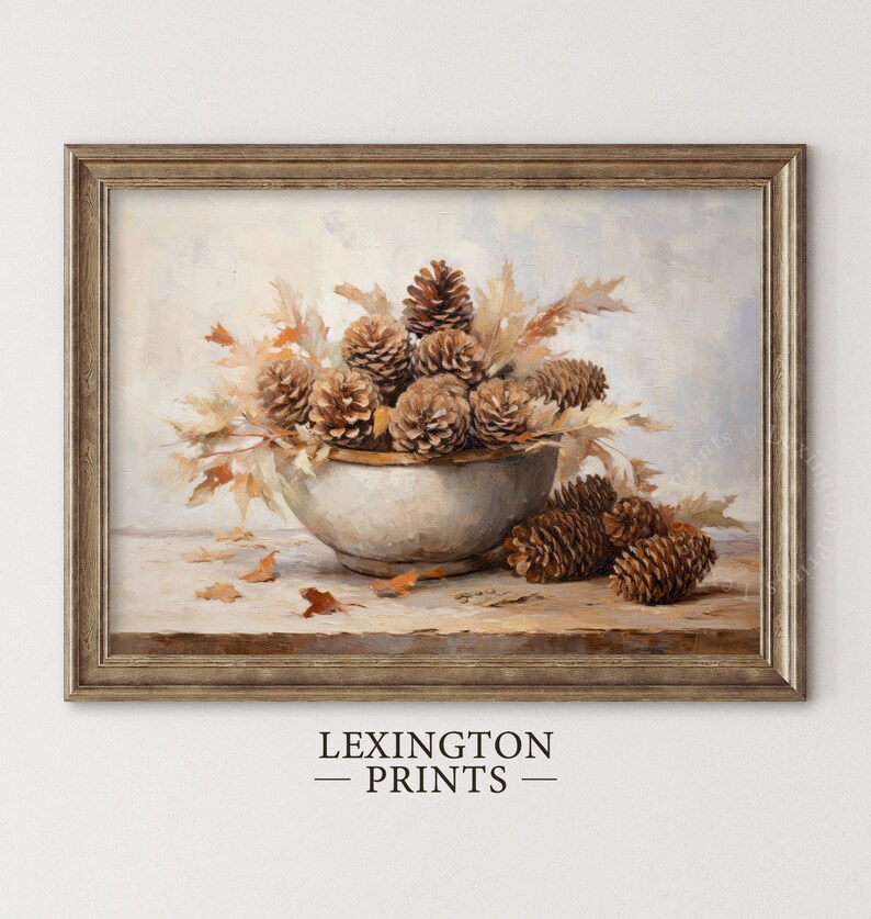 Fall Vintage fall pinecone decor painting oil painting art print displayed in an antique frame against a white background. The painting features intricate brushwork and colors. The shop name Lexington Prints is written out beneath the wall art frame