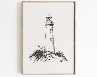 Lighthouse Sketch Print, Coastal PRINTABLE Wall Art, Lighthouse Wall Art Drawing, Summer Bathroom Decor Coastal Poster Digital Download 1182