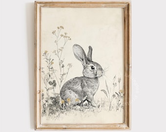 Vintage Rabbit Sketch Print, Easter PRINTABLE Wall Art, Bunny Wall Art Drawing, Antique Wildflower Print Bunny Lover Gift Nursery Decor 1153