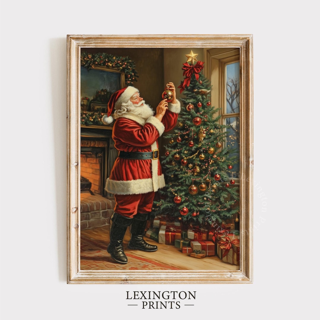 Santa Decorating Christmas Tree Print, Christmas Printable Wall Art, Santa Claus Wall Art ...