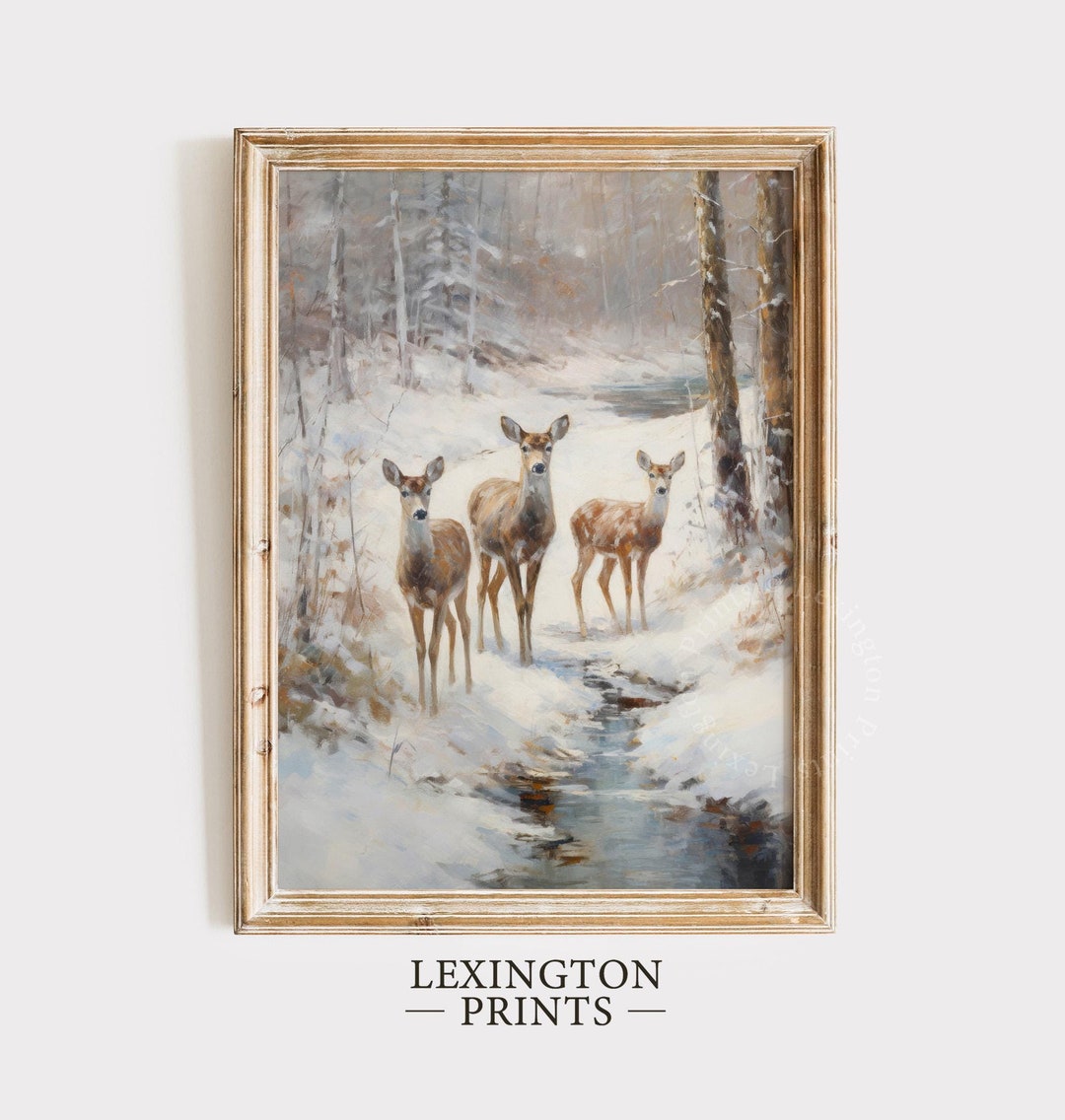 Snowy Forest Wall Art Deer Painting Christmas Wall Art Printable Rustic ...