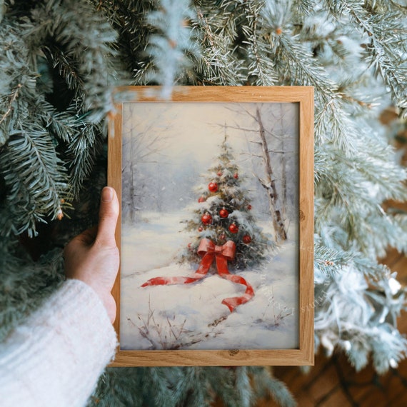 Snowy Vintage Christmas Wall Art Botanical Wall Art Christmas Oil Painting Christmas Tree Ribbon Christmas Print Holiday Winter Digital 305 - UK