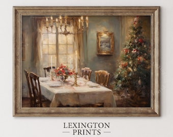 May include: A painting depicting a dining room table set for a festive meal. The table is laid with a white tablecloth and features a centrepiece of red flowers. Candles adorn the table, and a Christmas tree is visible in the background.