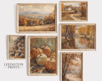 Könnte beinhalten: Ein Set aus sechs gerahmten Herbstmotiven. Die Drucke zeigen Landschaften mit Bäumen, einem Fluss und Kürbissen. Die Rahmen sind alle in hellem Holz gehalten.