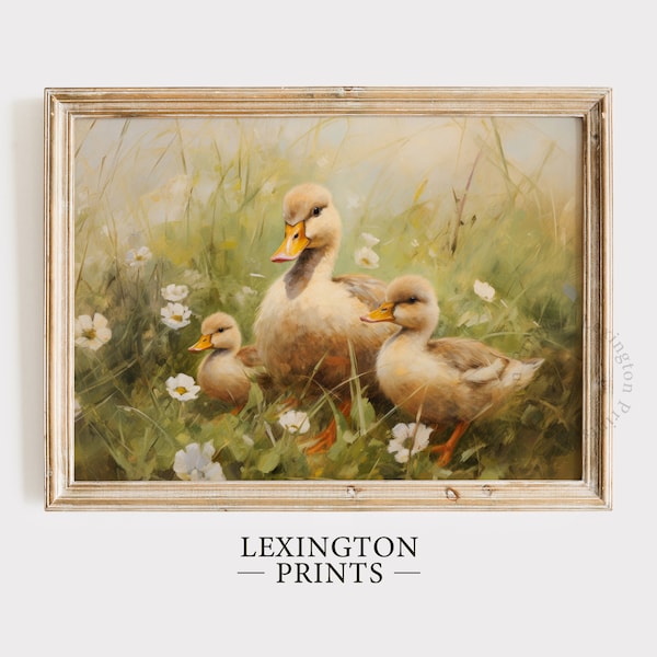 Duck Family in Wildflower Field Printable, Spring Print Bird Painting, Farmhouse Decor, Vintage Nursery Decor, Yellow Bird Art Easter 591