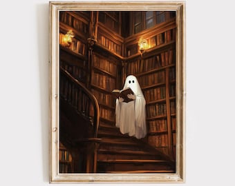 Dark Academia Ghost Print, Halloween PRINTABLE Wall Art, Vintage Halloween Print Library Decor, Dark Gothic Wall Art Book Lover Gift Art 766