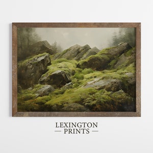 May include: A painting of a mossy, rocky landscape with a misty background. The rocks are covered in green moss and the scene is peaceful and serene.