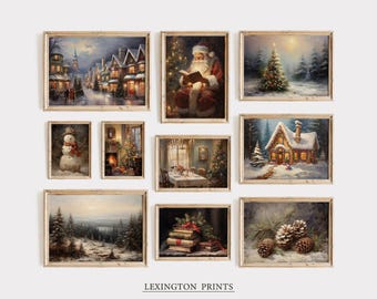 Christmas Gallery Wall SET of 10 Vintage Christmas Wall Art Printable Rustic Christmas Oil Painting Art Bundle Holiday Decor Winter Art 249