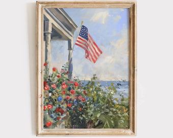 Coastal American Flag Print, Summer PRINTABLE Wall Art, 4th of July Print Patriotic Wall Art, Vintage USA Summer Wall Art Digital Print 1206